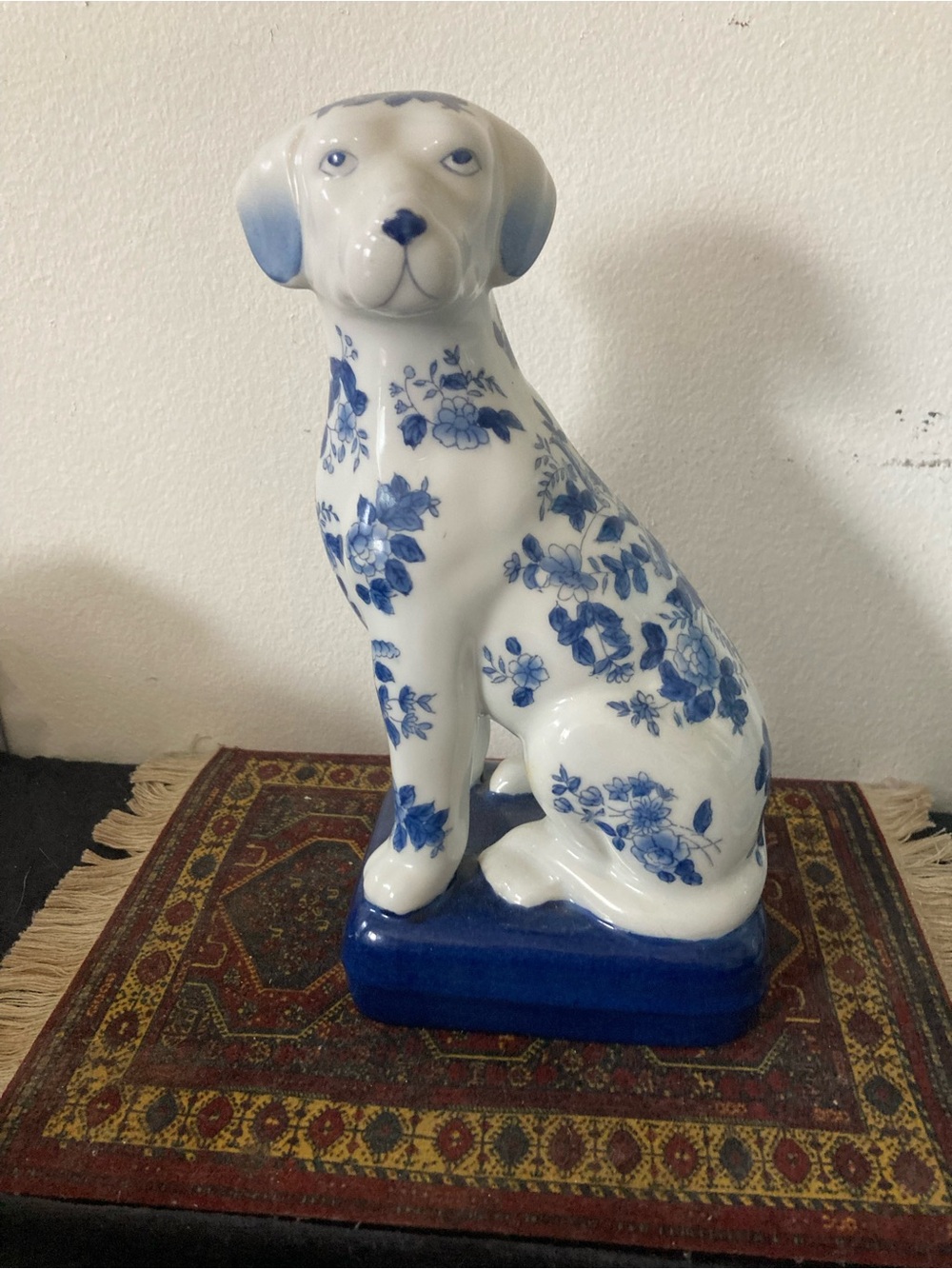 Andrea By Sadek Blue White Floral Chinoiserie Pattern Porcelain Dog Figurine